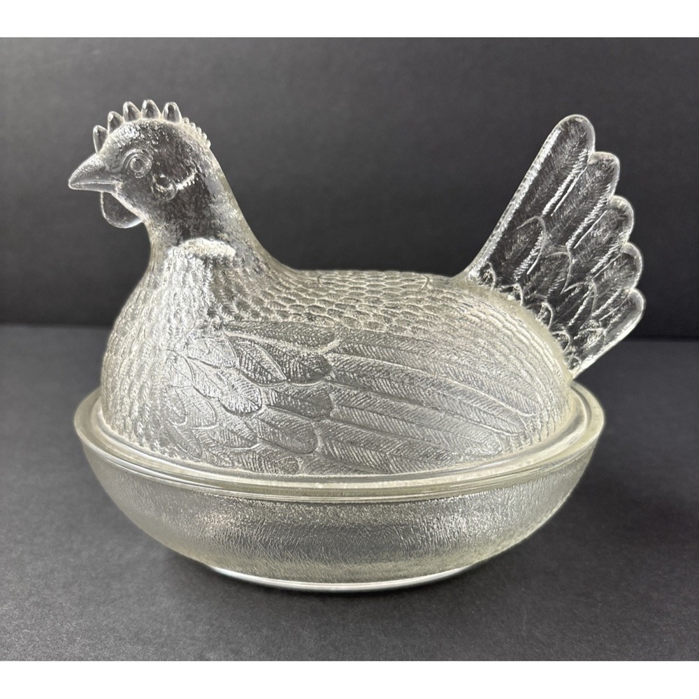 VTG Indiana Glass Clear Hen On Nest Chicken Candy Trinket Covered Dish Farmhouse